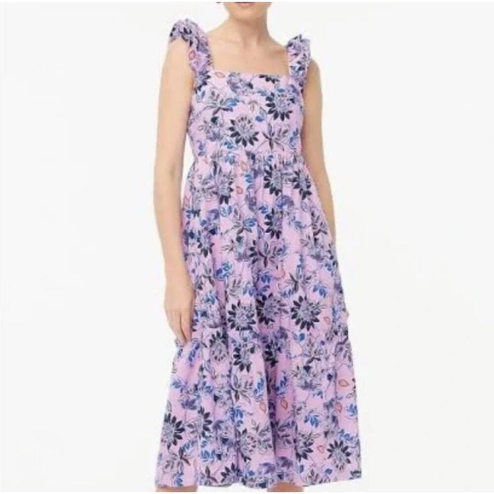 J. Crew Factory Smokey Lilac midi dress, blue and black floral. 100% cotton.